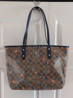 Coach Brown Signature Floral Tote with Blue Trim